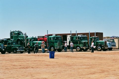 1981 Kenworth W900A - A group of classic trucks are gathered outdoors under a clear blue sky.