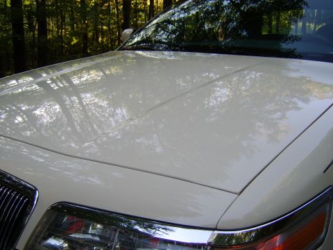 1996 Mercury Grand Marquis - Close-up of a cream/white sedan's hood and windshield cowl area, shot from the front looking back, with surrounding trees reflected in the…