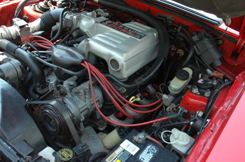 1993 Ford Mustang - The engine bay of a 1993 Ford Mustang Cobra features a 5.0 liter engine with red spark plug wires.