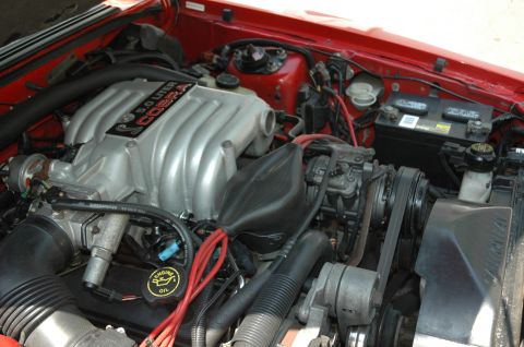 1993 Ford Mustang - The engine bay of a 1993 Ford Mustang Cobra shows a 5.0 liter engine with red exterior paint.