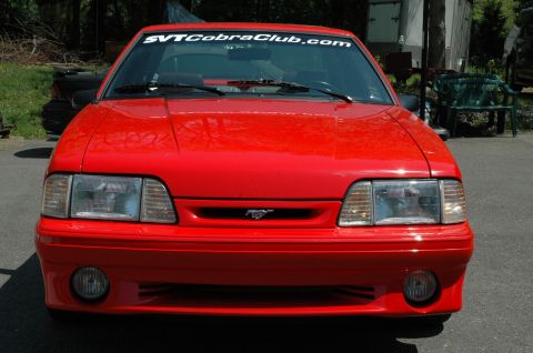 1993 Ford Mustang - Front view of a red 1993 Ford Mustang Cobra, a "SVTCobraClub.com" banner across the windshield.
