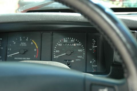1993 Ford Mustang - Dashboard view of a 1993 Ford Mustang, showing the tachometer and speedometer.