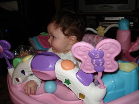2000 Ford Crown Victoria - A baby is seated in a pink activity center, surrounded by various colorful toys and play elements.