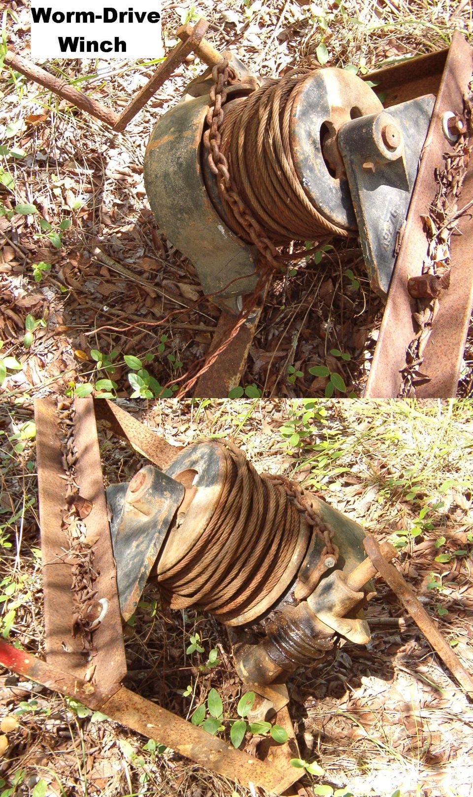 Worm-Drive Winch

Yes, it's a monster.  I've chained it to a tree & pulled an old 40hp tractor out with it.  Using a cheapo drill & a homemade adapter (not included), it will pull a car up a driveway & into a shop with a slight incline.

It's bolted to a big angle-iron frame, and I haven't gotten a weight or size on it yet, but I'd guess it's well over 100 lbs and roughly 3x2x1'.
