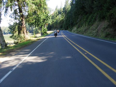 1979 Ford Bronco - Motorcycles travel on a paved road surrounded by trees and a grassy field.