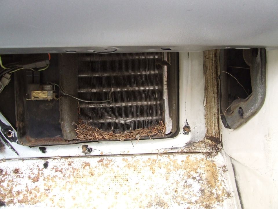 close-up of a dirty vehicle AC evaporator core with debris
