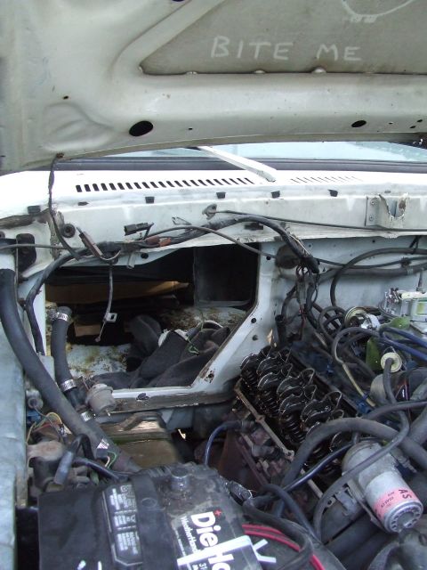 1979 Ford Bronco - Vehicle engine bay with hood open, revealing engine parts and wiring. Text is visible on the hood's interior.