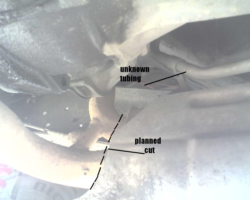 Underside view of vehicle exhaust system with labels 'unknown tubing' and 'planned cut'