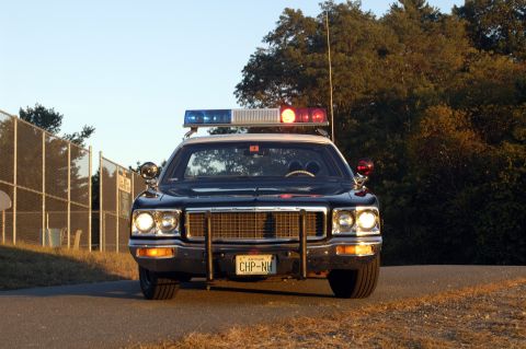 1973 Dodge 1500 - This police car, likely a 1975 model, is parked on a road with a chain-link fence and trees in the background.