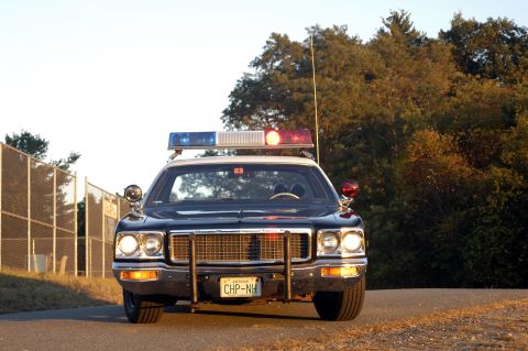 1973 Dodge 1500 - A 1973 Dodge 1500 police car is parked on a road with trees in the background.