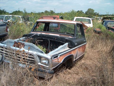 1979 Ford Bronco - A derelict truck sits in a junkyard surrounded by other abandoned vehicles and tall grass.