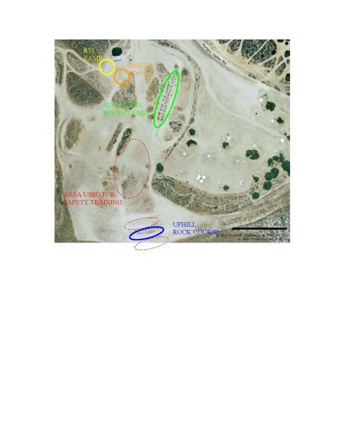 1967 Ford Bronco - This aerial map details various off-road courses, including an RTI ramp, a suspension rock course, and an uphill rock course, with areas ma…