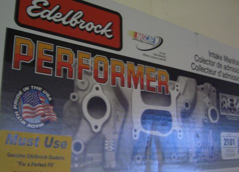1974 Ford Bronco - Box for an Edelbrock Performer intake manifold, showing the part and branding.
