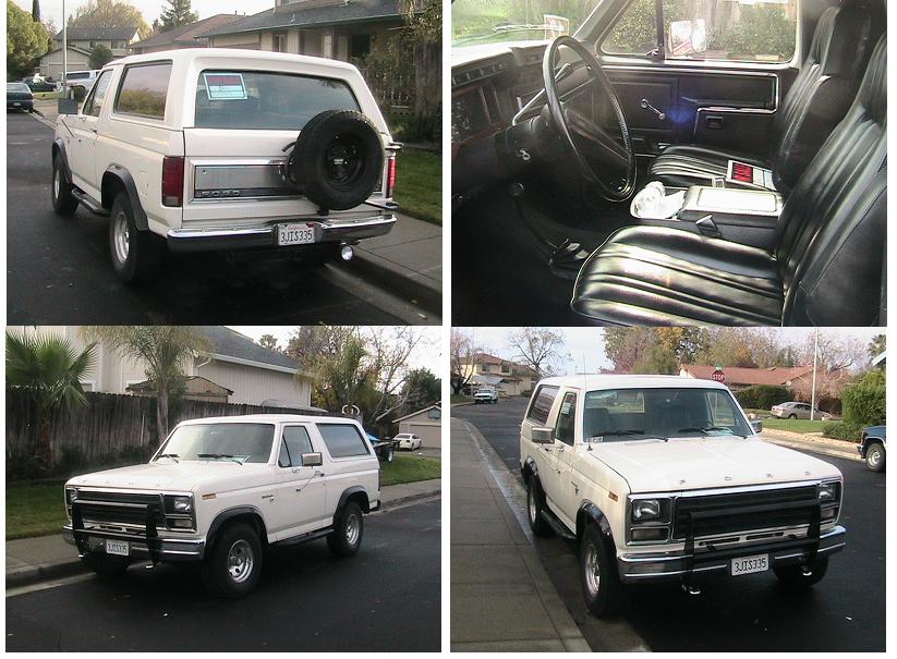 White 1978 Ford Bronco with a black bull bar and spare tire on the rear
