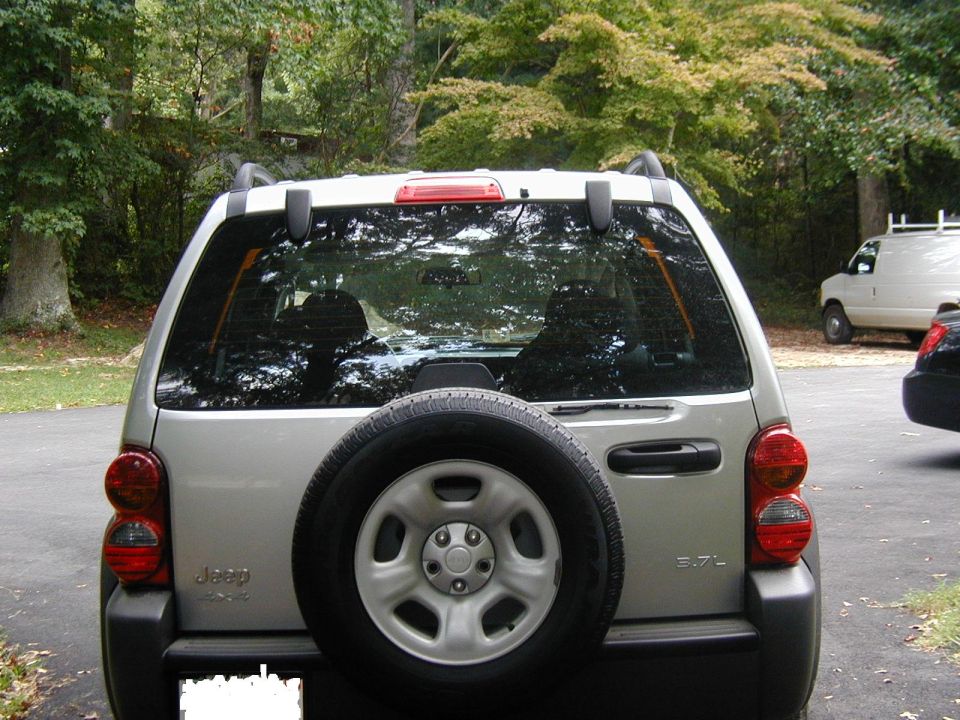 Silver 2004 Jeep Liberty rear view with spare tire on tailgate. Trees and a white van in background
