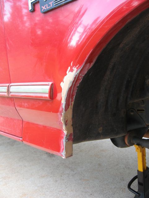 1995 Ford F-150 - Bondo applied in thin coats to cover small imperfections. Don't go overboard with the bondo.