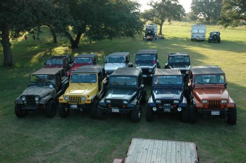 2001 Jeep Wrangler - A collection of Jeep Wranglers are parked together on a lawn, with trees and RVs visible behind them.
