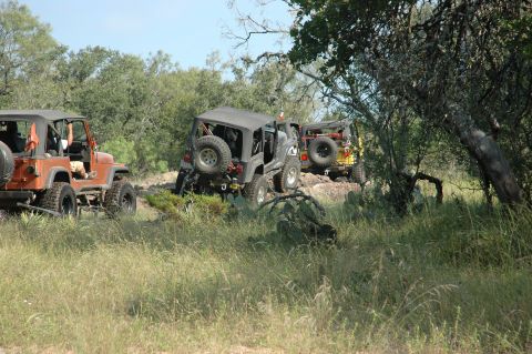 2001 Jeep Wrangler - Three Jeep Wranglers navigate a rocky, wooded trail, their off-road capabilities.