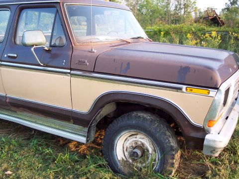 1978 Ford F-250 - A brown and tan 1978 Ford F-250 pickup truck is seen from the front right quarter in a grassy, outdoor setting.