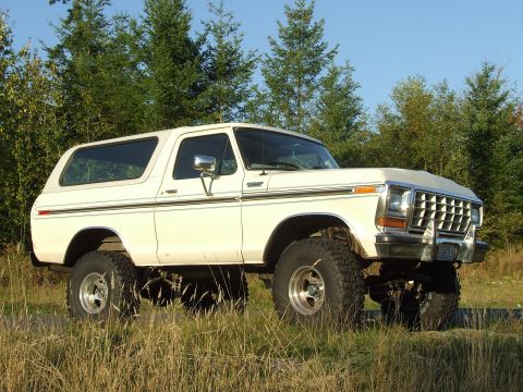 1979 Ford Bronco - This lifted 1979 Ford Bronco is shown in a three-quarter front view, parked outdoors with trees in the background.