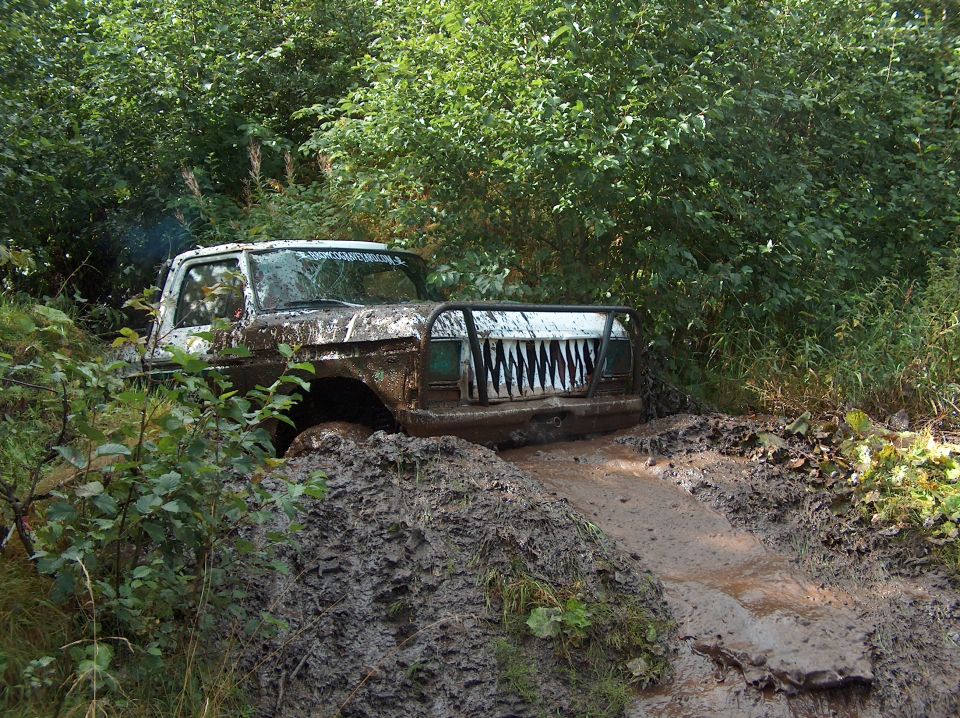 1979 Ford F-150 stuck in mud on off-road trail