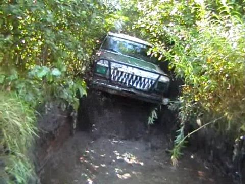 1979 Ford F-150 - This Jeep Cherokee XJ is stuck deep in a muddy ravine, surrounded by dense vegetation.