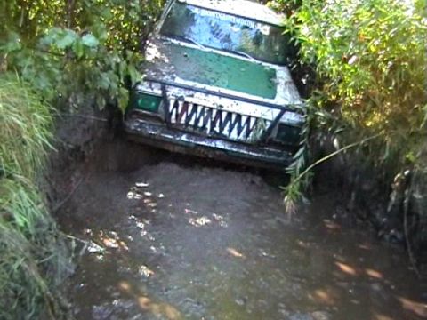 1979 Ford F-150 - An off-road vehicle with a distinctive shark-tooth grille is stuck in a muddy trench surrounded by vegetation.
