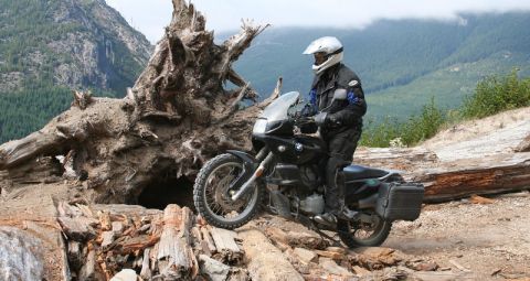 1979 Ford Bronco - A motorcycle rider navigates a challenging dirt path, with a massive tree root dominating the foreground and mountains in the background.