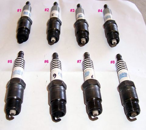 1978 Ford Mustang II - Collection of eight spark plugs, some showing brand names like Autolite Platinum.