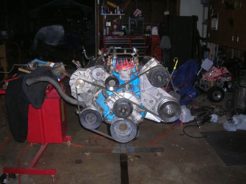 1985 Ford Bronco - motor ready to go in...front shot showing drive belt rout