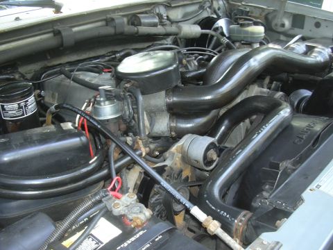 1997 Ford Crown Victoria - Close-up view of an engine bay, showing various hoses, the battery, and other engine components.