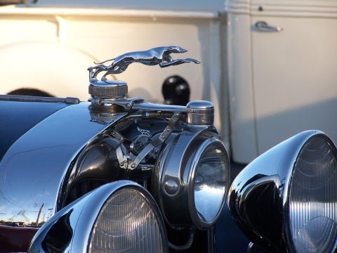 1990 Ford Bronco - A chrome greyhound hood ornament is mounted on the fender of a vintage automobile, with another vehicle visible in the background.