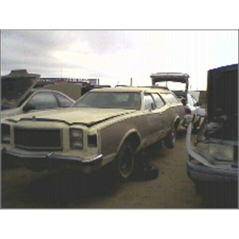 1973 Ford Ranchero - A tan and brown station wagon sits in a junkyard under a cloudy sky.