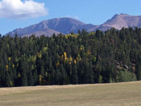 1972 Ford Ranchero - A vast mountain range overlooks a forest transitioning into autumn colors, with a grassy field in the foreground.