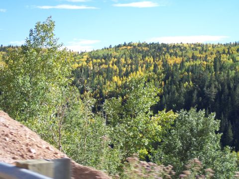1972 Ford Ranchero - A scenic view of a mountain covered in trees displaying autumn colors under a bright blue sky.