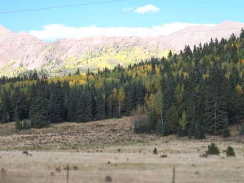 1972 Ford Ranchero - A scenic view of a mountain range covered in evergreen and deciduous trees displaying fall foliage.
