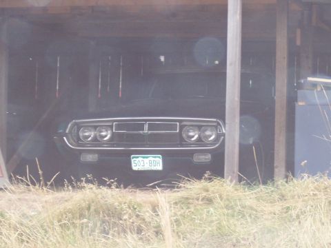 1972 Ford Ranchero - The front of a vintage coupe is visible, parked inside a barn-like structure with wooden supports.