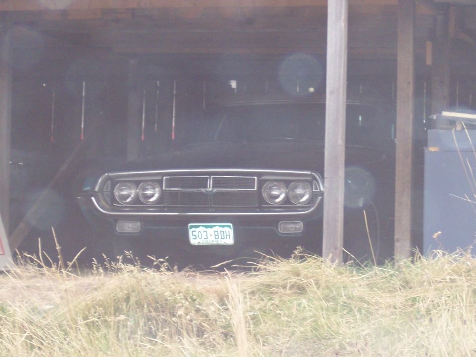 front of a dark coupe with quad headlights and a chrome grille, parked in a wooden structure