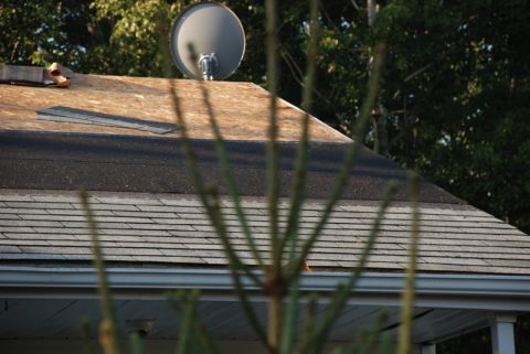 1996 Ford Bronco - A satellite dish is mounted on a residential roof, partially obscured by foreground foliage.