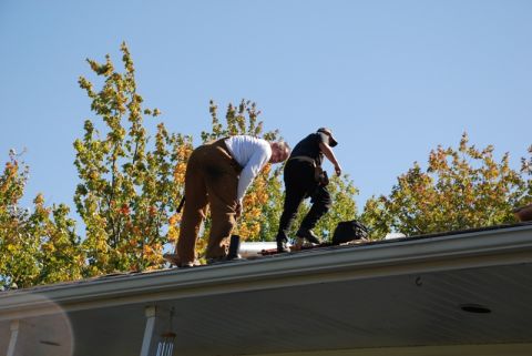 1996 Ford Bronco - Workers are seen on a rooftop, with trees and a clear sky in the background.