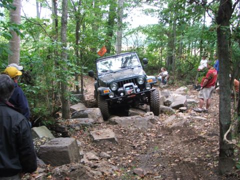 1996 Ford Bronco - A Jeep Wrangler tackles a challenging off-road course surrounded by trees and spectators.