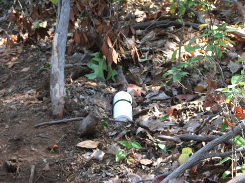 1996 Ford Bronco - A white cylindrical object rests on the ground amidst fallen leaves and branches in a wooded area.