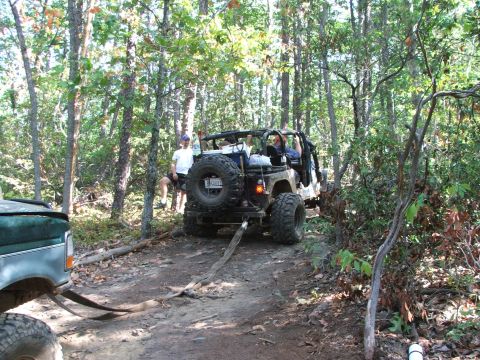 1996 Ford Bronco - Two off-road vehicles are connected by a tow strap on a dirt path surrounded by trees.
