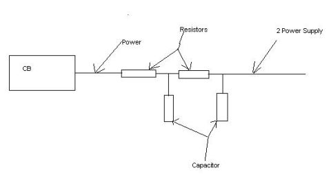 Hand-drawn circuit diagram with CB, power, resistors, capacitor and power supply