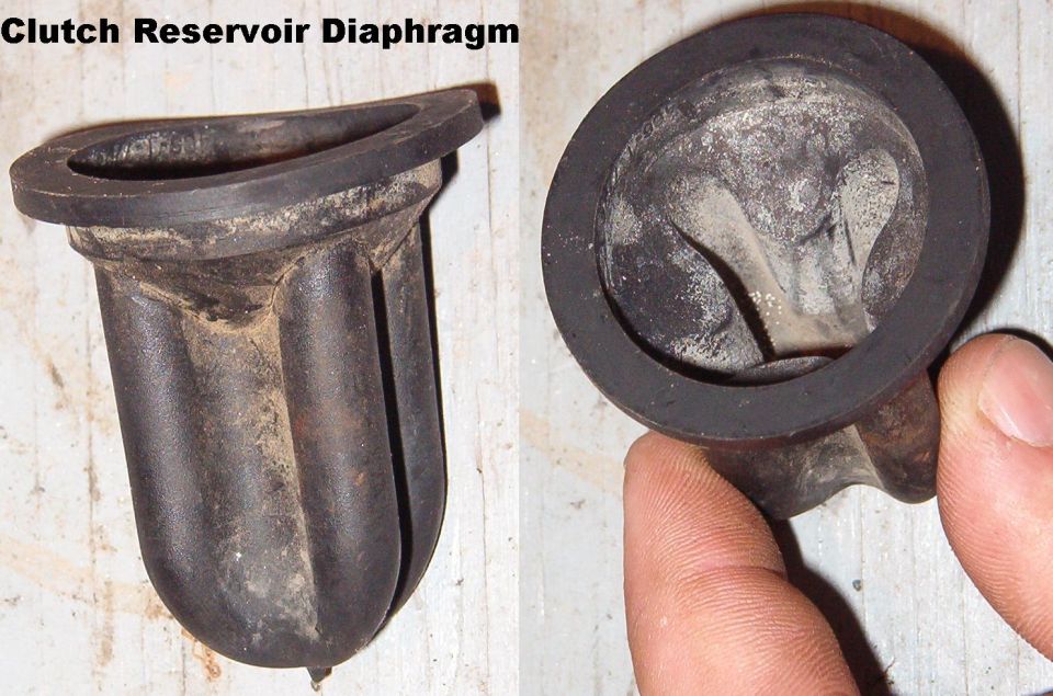 Two views of a worn rubber clutch reservoir diaphragm part