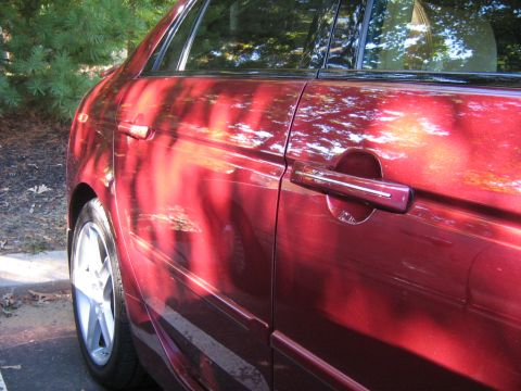 1990 Ford Bronco - The side of a red sedan is shown, with reflections of trees on its surface.