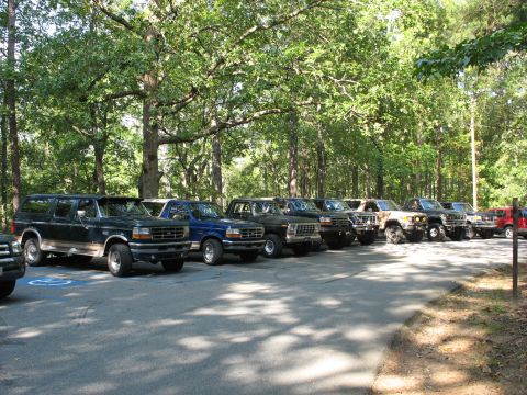 1995 Ford C-350 (Centurion Conversions) - Multiple Ford trucks and SUVs parked in a wooded area, likely a gathering or event.