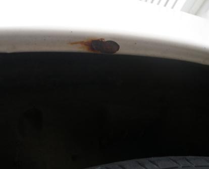 2000 Ford Crown Victoria - A close-up view of a rust spot on the fender lip above a vehicle's wheel well.