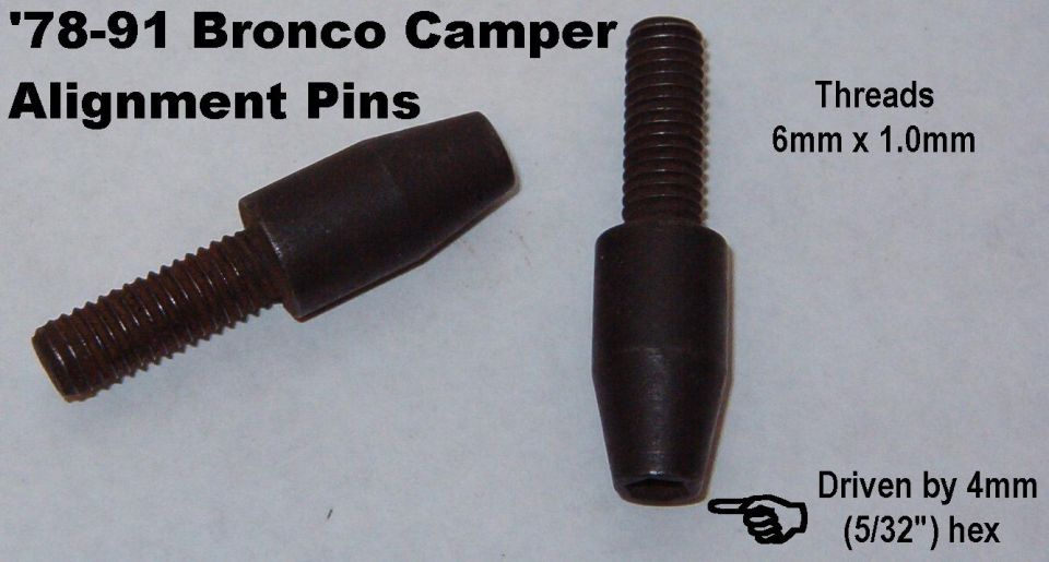 These spikes screw into '78-91 Bronco bedrails & are removeable to prevent injury when the top is off & passengers are in the back.  Later Broncos have the pins permanently attached to the camper shell, with slots in the bedrails.