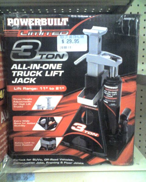 1965 Ford Mustang - Packaging for a Powerbuilt 3-ton all-in-one truck lift jack, showing product features and specifications.